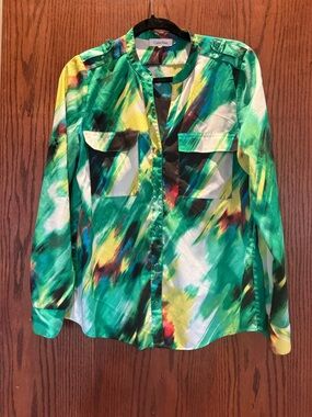 Calvin Klein Multicolor Brushstroke Silk-Feel Blouse - Green, Blue, Yellow